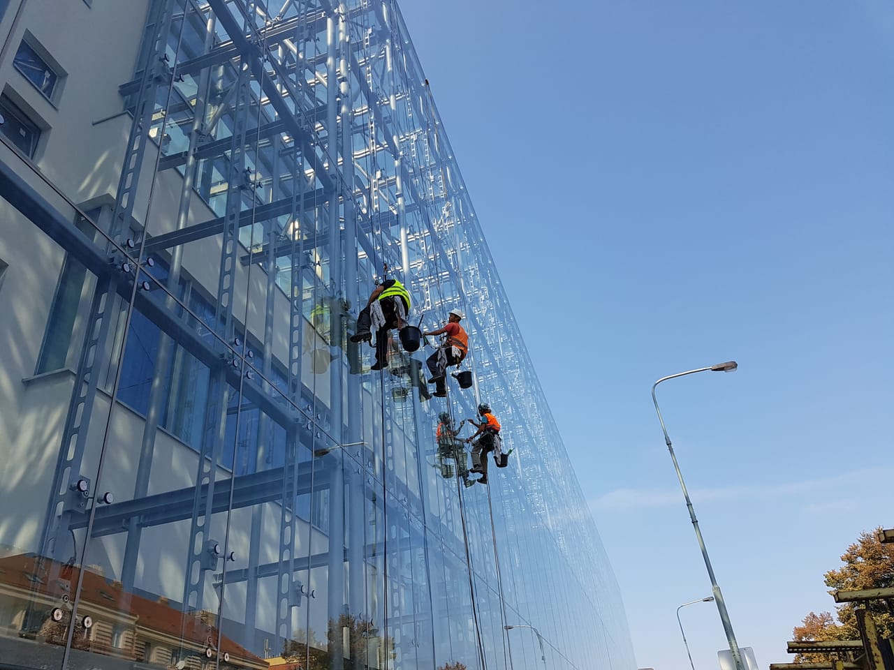 washing the glass facade