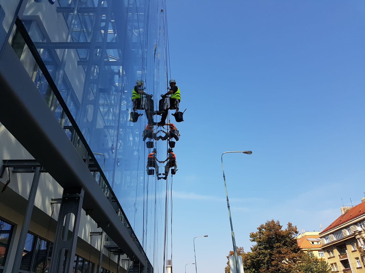 Washing the glass facade